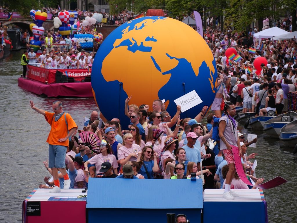 A inflated globe for the Amsterdam World Pride 2026 Canal Parade.